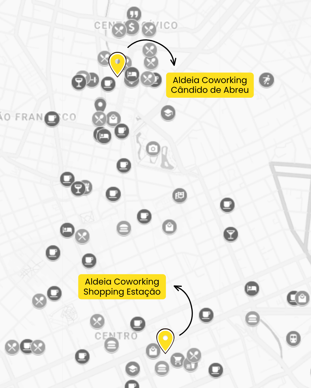 Mapa de Curitiba mostrando as duas unidades da Aldeia Coworking: Cândido de Abreu e Shopping Estação
